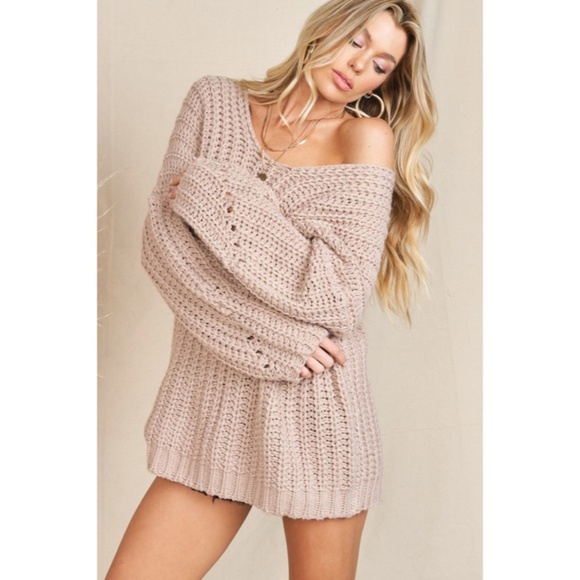 SOLD OUT Mink Chunky Knit Oversized Deep V Drop Shoulder Knit Casual Sweater - Picture 2 of 9